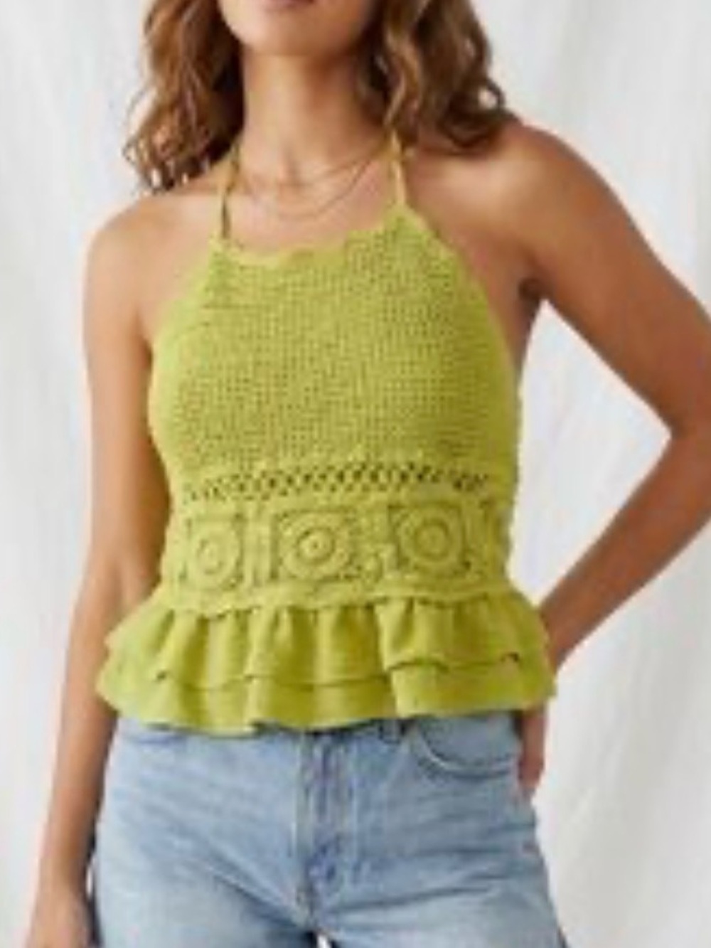Anthropologie Milk & Honey Crocheted Lace-Halter Knit Peplum Tank Top - Green - Picture 2 of 7